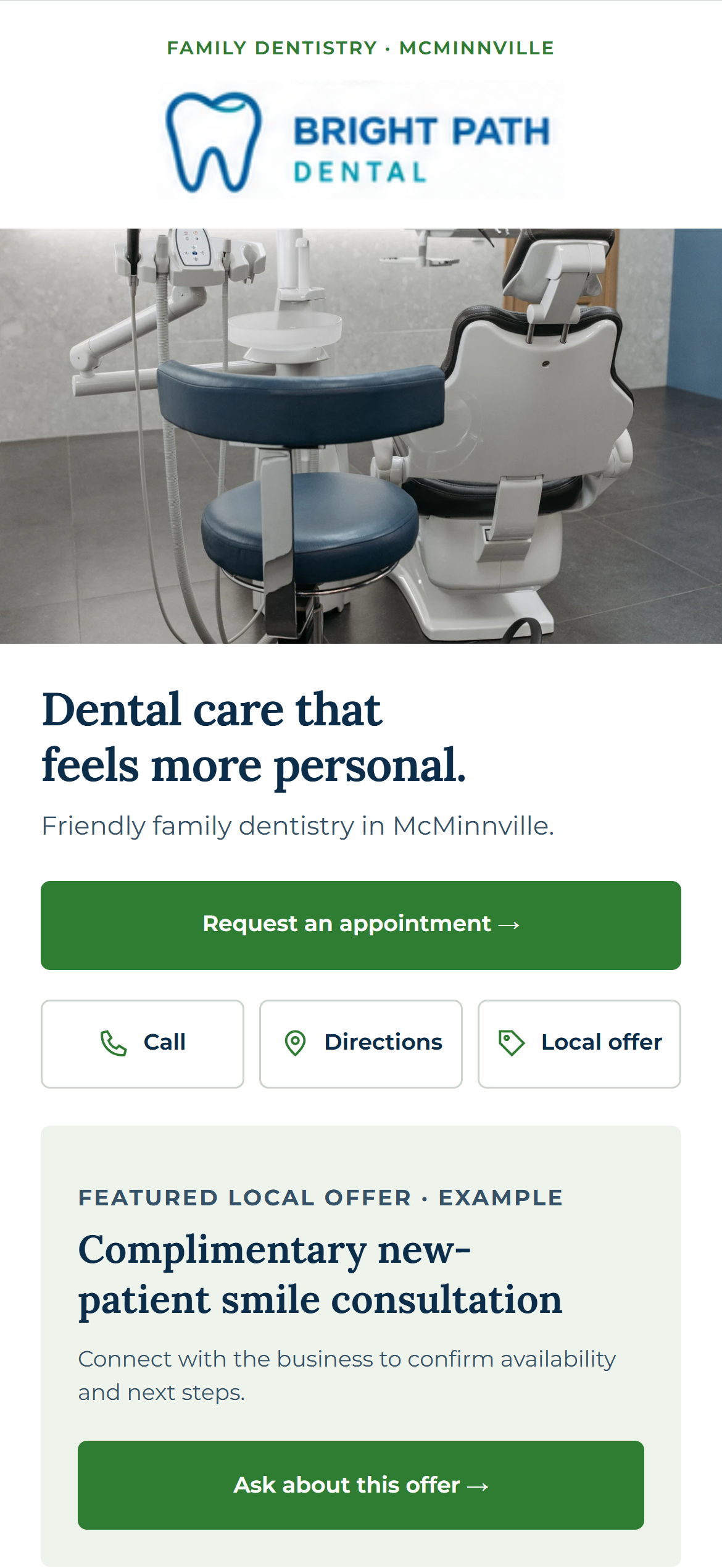 Actual HTML prototype of Bright Path Dental: real dental-office photography, an appointment action, call and directions controls, and an example local offer within the page.