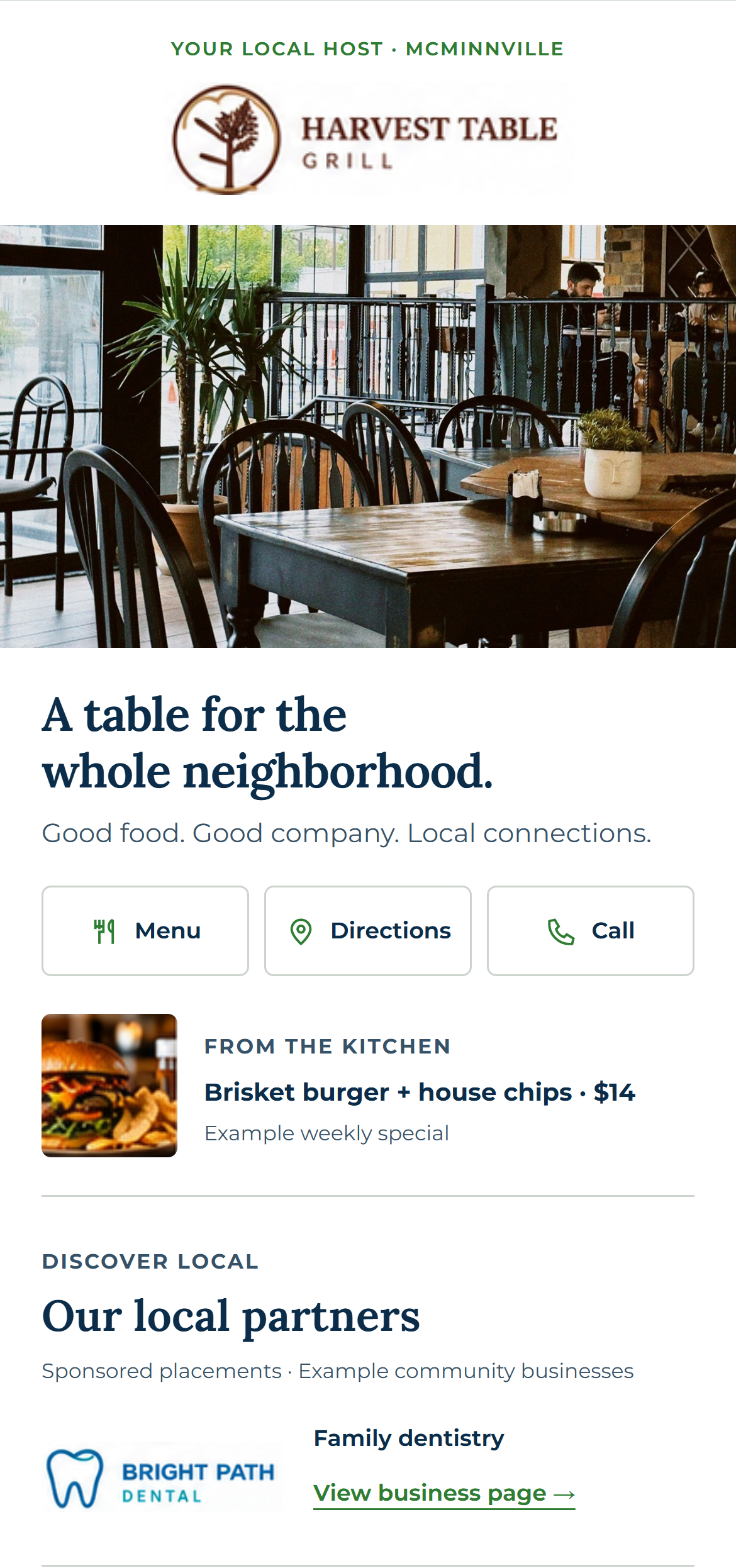 Actual HTML prototype of the Harvest Table Grill hub: restaurant photograph, weekly special, and local partners including Bright Path Dental.